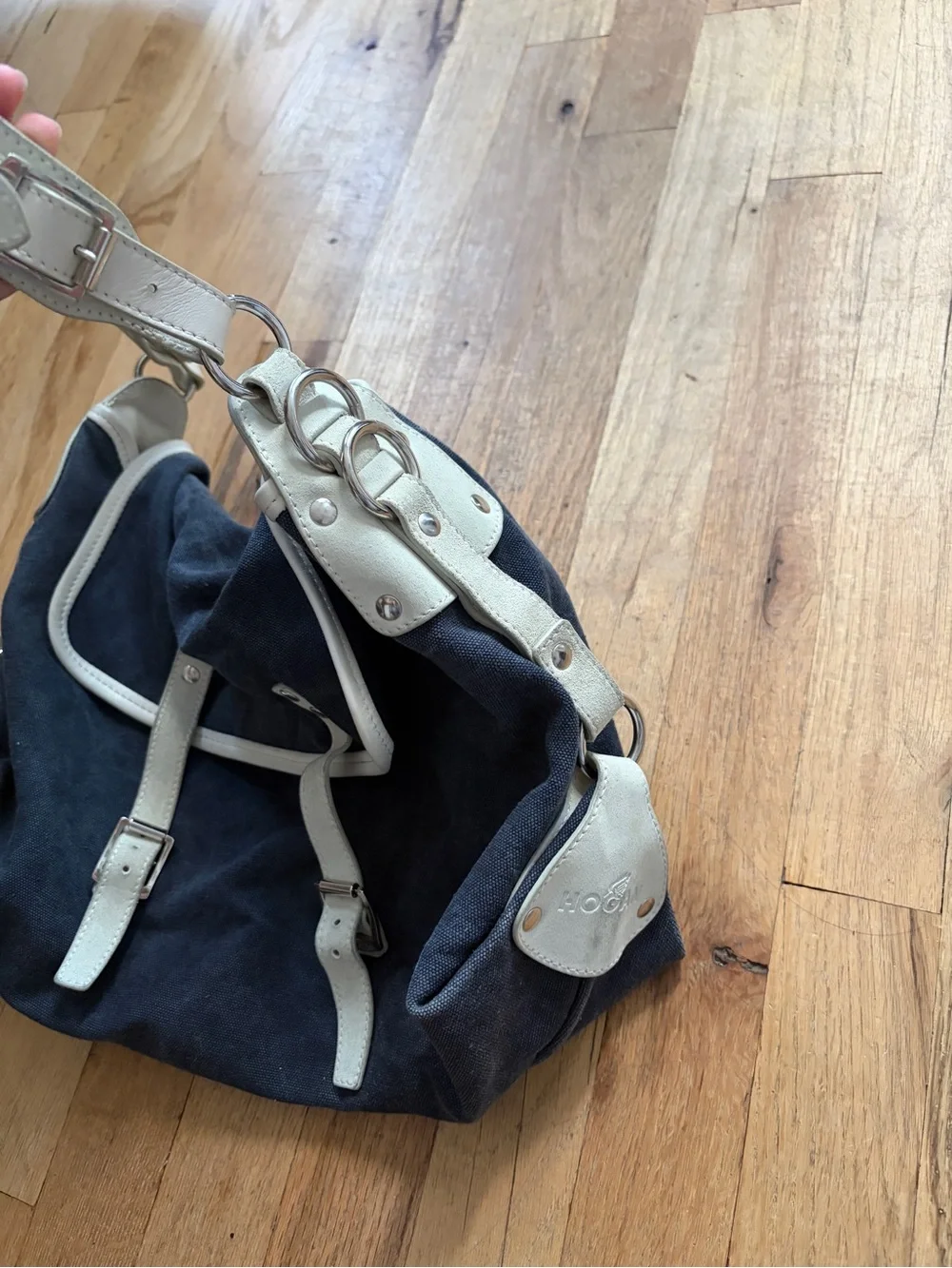 Hogan Navy Canvas Hobo with Cream Trim